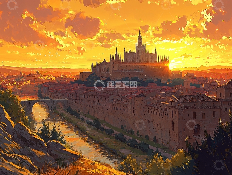 高清大图下载【趣麦麦图】日落下的哥特式城堡城市