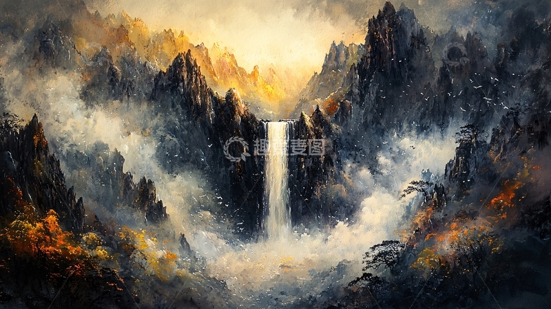 高清大图下载【趣麦麦图】雾气缭绕的山峰瀑布