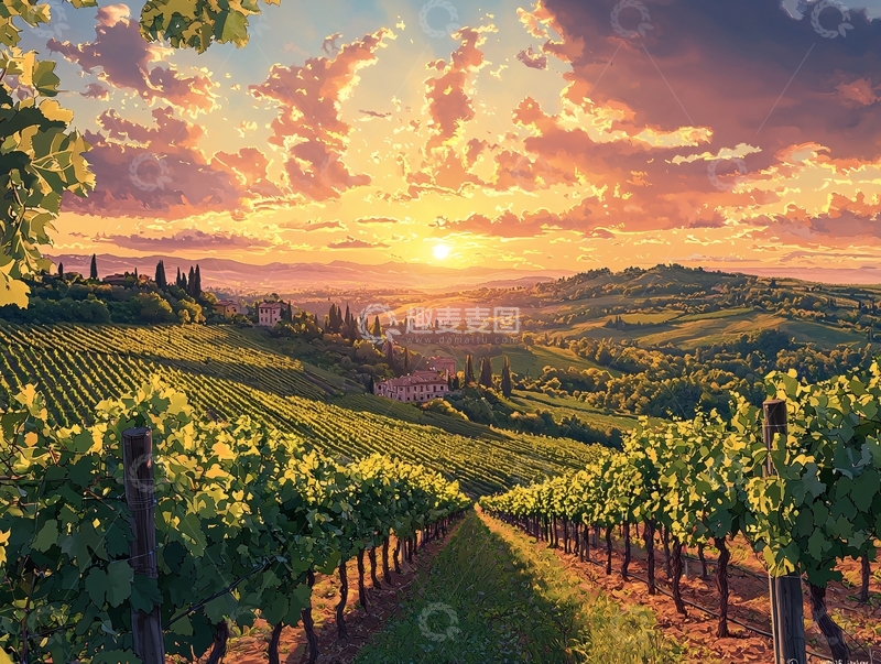 高清大图下载【趣麦麦图】夕阳下的葡萄园