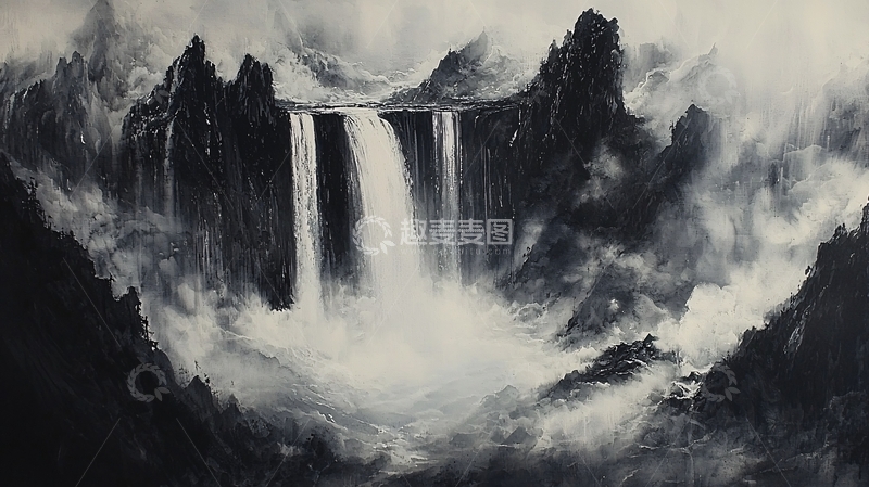 高清大图下载【趣麦麦图】水墨画瀑布