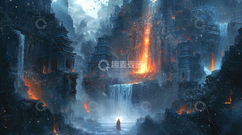 高清大图下载【趣麦麦图】火焰瀑布峡谷古城