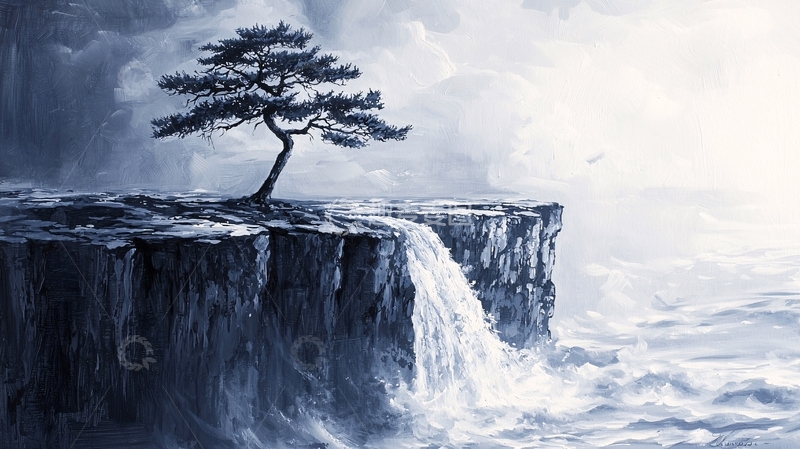 高清大图下载【趣麦麦图】孤树悬崖瀑布