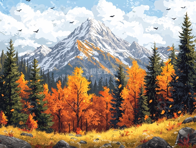 高清大图下载【趣麦麦图】秋季雪山风景画