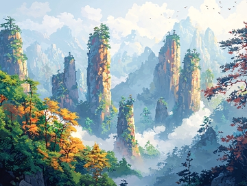 仙境般奇峰耸立的山水画