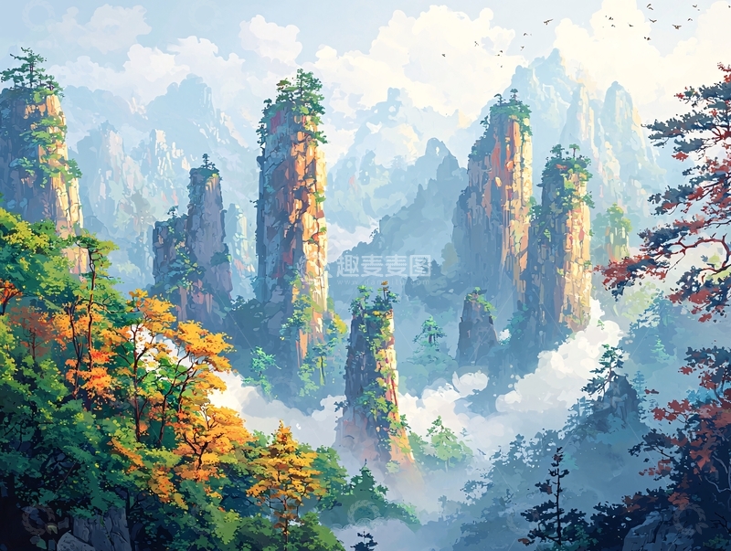 高清大图下载【趣麦麦图】仙境般奇峰耸立的山水画