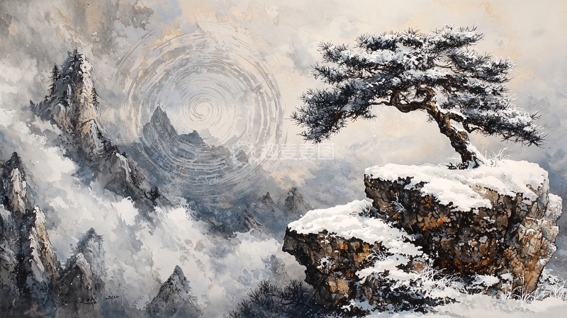 高清大图下载【趣麦麦图】雪山松树孤峰