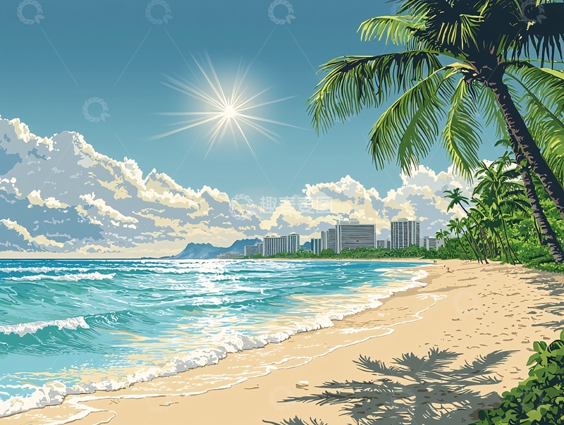 高清大图下载【趣麦麦图】阳光沙滩椰树海浪城市