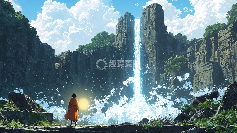 高清大图下载【趣麦麦图】少年瀑布奇幻山水