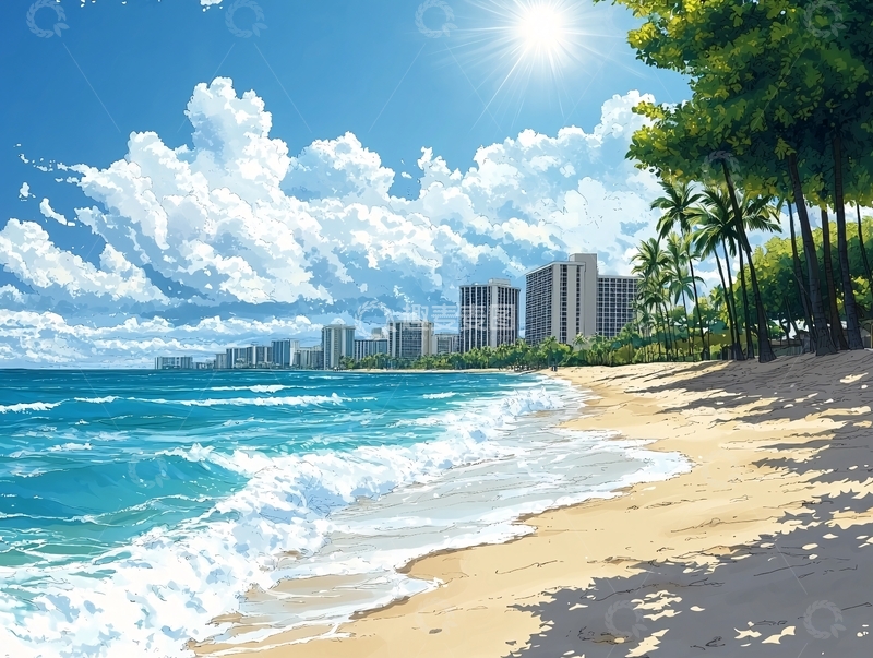 高清大图下载【趣麦麦图】夏日海滩城市风光