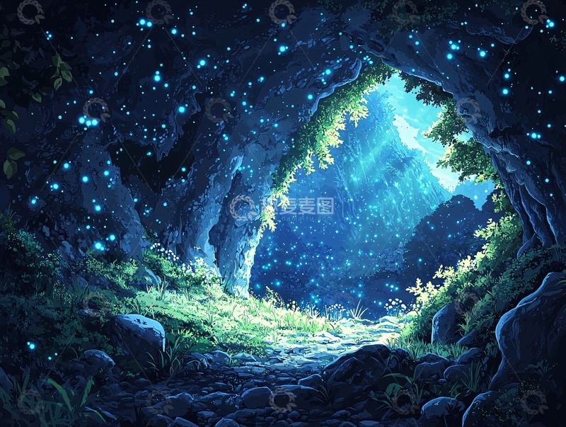 高清大图下载【趣麦麦图】萤火虫洞穴梦幻场景