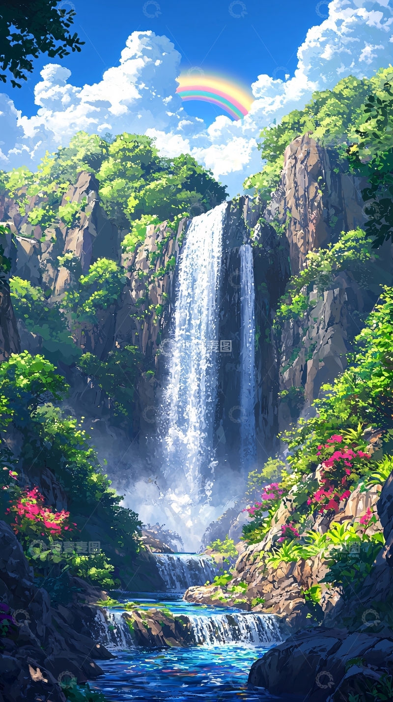 高清大图下载【趣麦麦图】梦幻瀑布彩虹风景