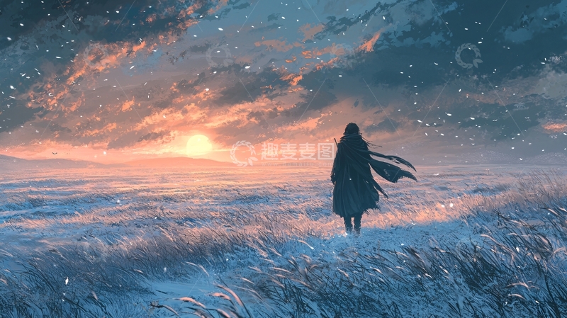高清大图下载【趣麦麦图】冬日落日下孤独女子