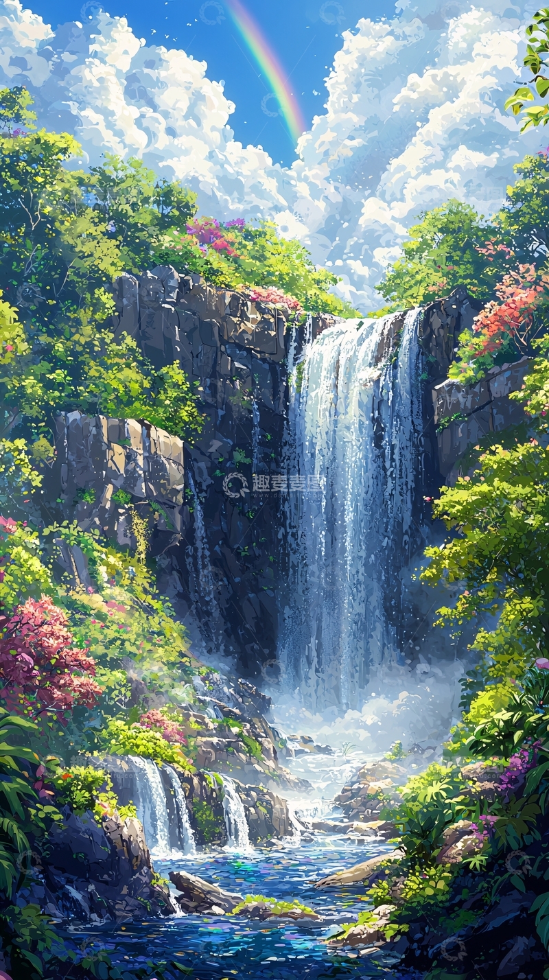 高清大图下载【趣麦麦图】彩虹瀑布森林风景
