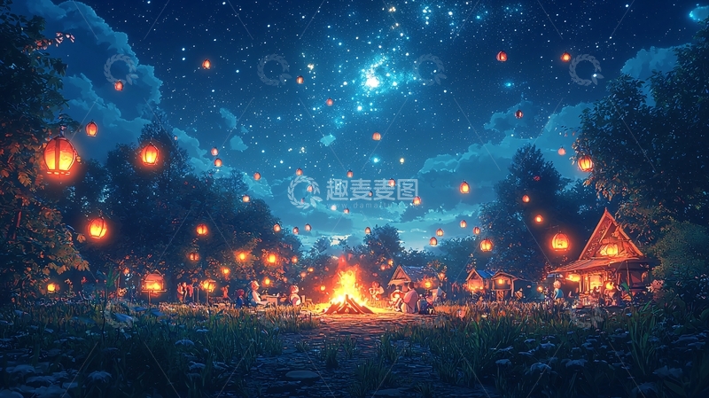 高清大图下载【趣麦麦图】星空篝火夜