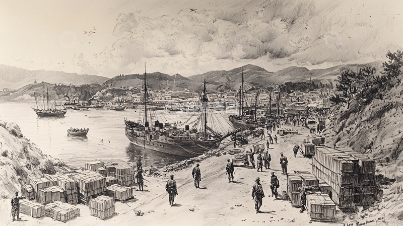 十九世纪港口装卸货物场景
