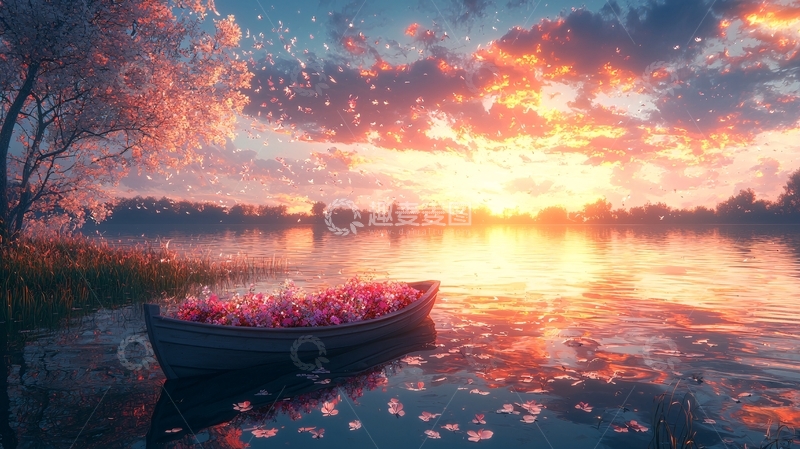 高清大图下载【趣麦麦图】唯美日落湖边小船