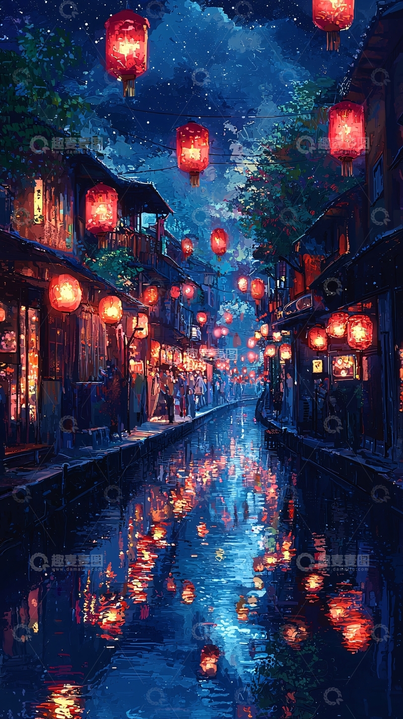 高清大图下载【趣麦麦图】夜色古镇河道红灯笼