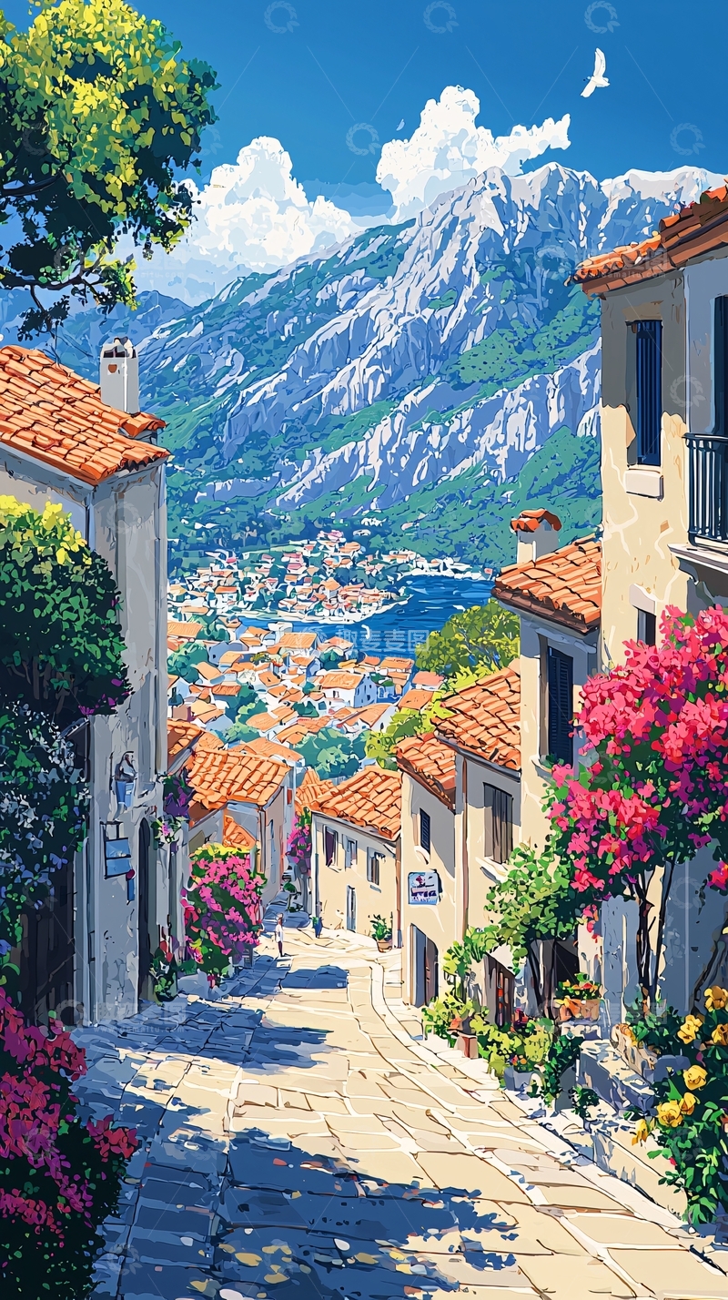 高清大图下载【趣麦麦图】山坡小镇风景画