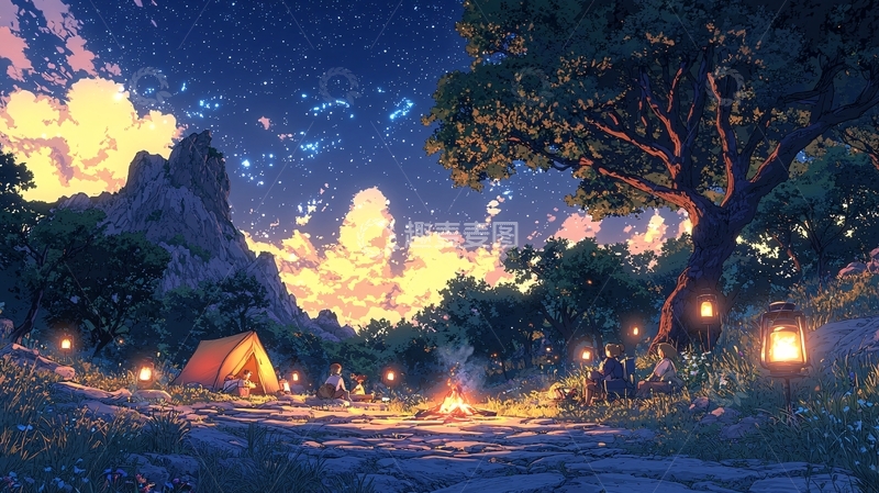 高清大图下载【趣麦麦图】夜空下的营地篝火