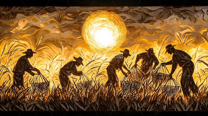 高清大图下载【趣麦麦图】夕阳下农民收割