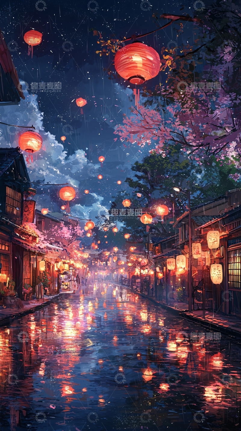 高清大图下载【趣麦麦图】雨夜古镇红灯笼