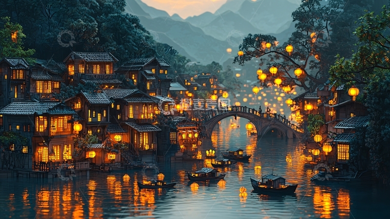 高清大图下载【趣麦麦图】山间古镇夜景