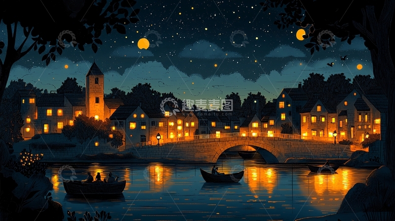 高清大图下载【趣麦麦图】夜晚小镇