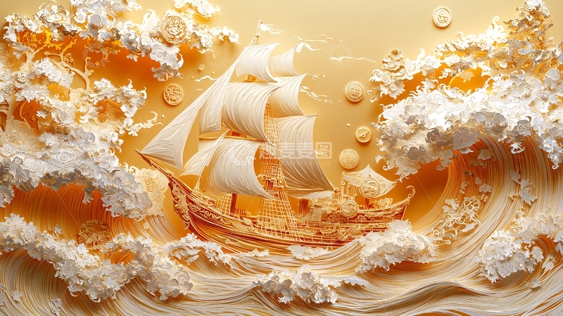高清大图下载【趣麦麦图】金色巨浪帆船