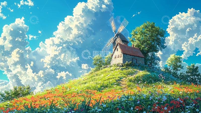 高清大图下载【趣麦麦图】阳光下的田园风车小屋