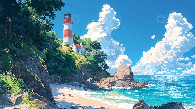 高清大图下载【趣麦麦图】海边灯塔风景画