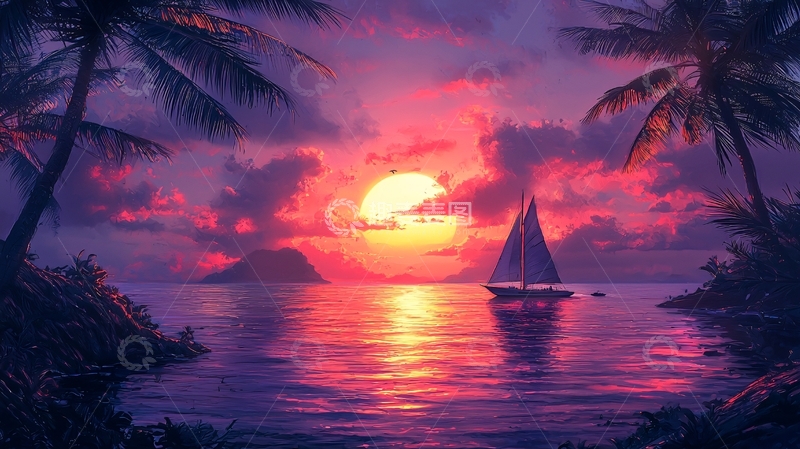 高清大图下载【趣麦麦图】热带海滩日落帆船