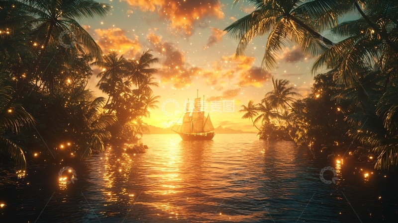 高清大图下载【趣麦麦图】热带海滩日落帆船