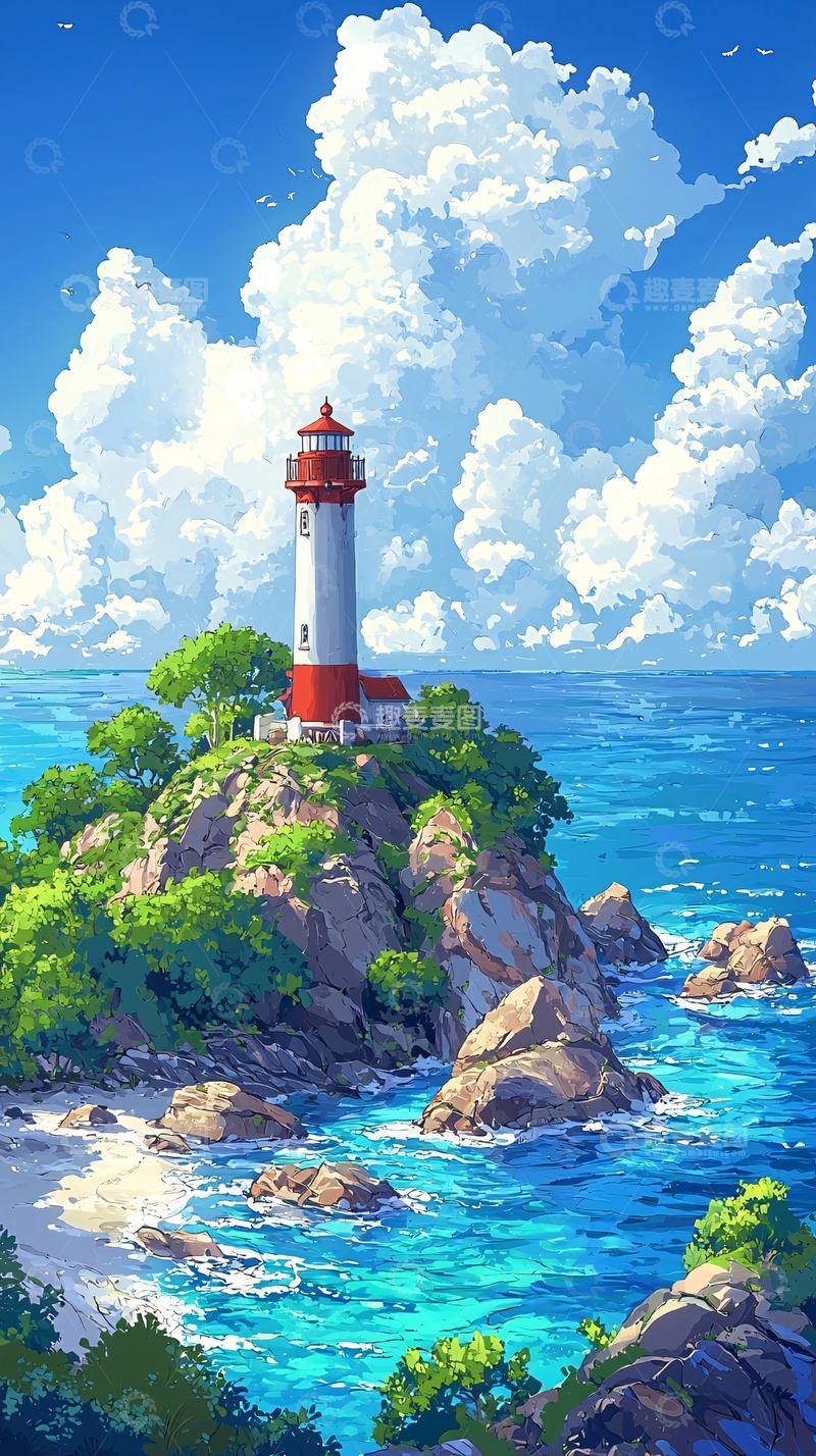 高清大图下载【趣麦麦图】海边灯塔风景画