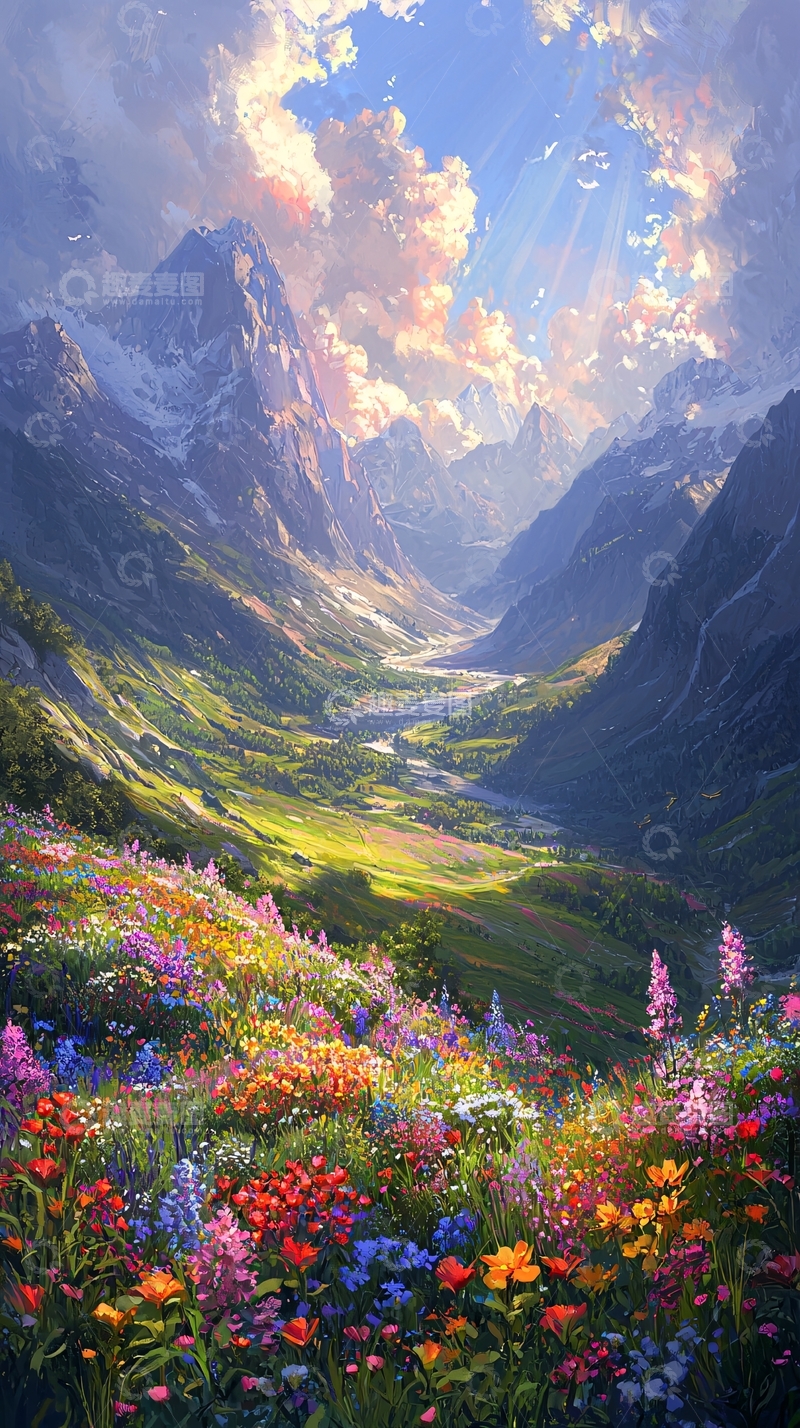 高清大图下载【趣麦麦图】山谷中鲜花盛开的场景