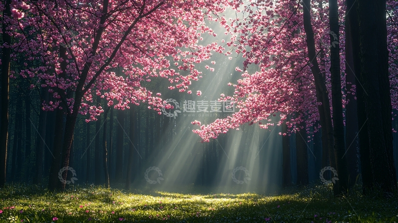 高清大图下载【趣麦麦图】光线透过粉色树林