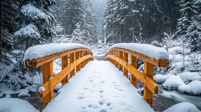 高清大图下载【趣麦麦图】雪中木桥