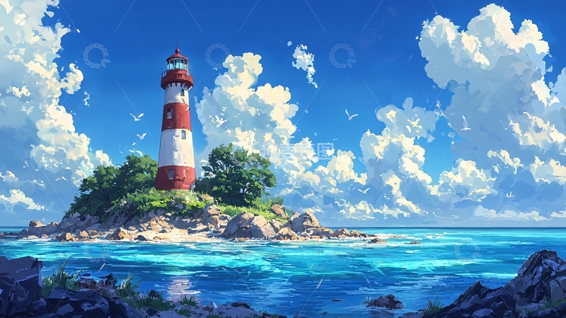 高清大图下载【趣麦麦图】海边红白灯塔风景画