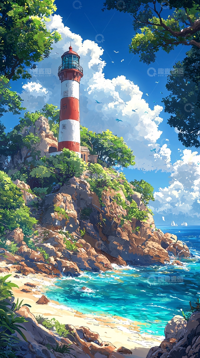 高清大图下载【趣麦麦图】海边红白相间灯塔