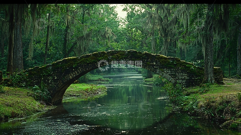 高清大图下载【趣麦麦图】古桥流水森林景色
