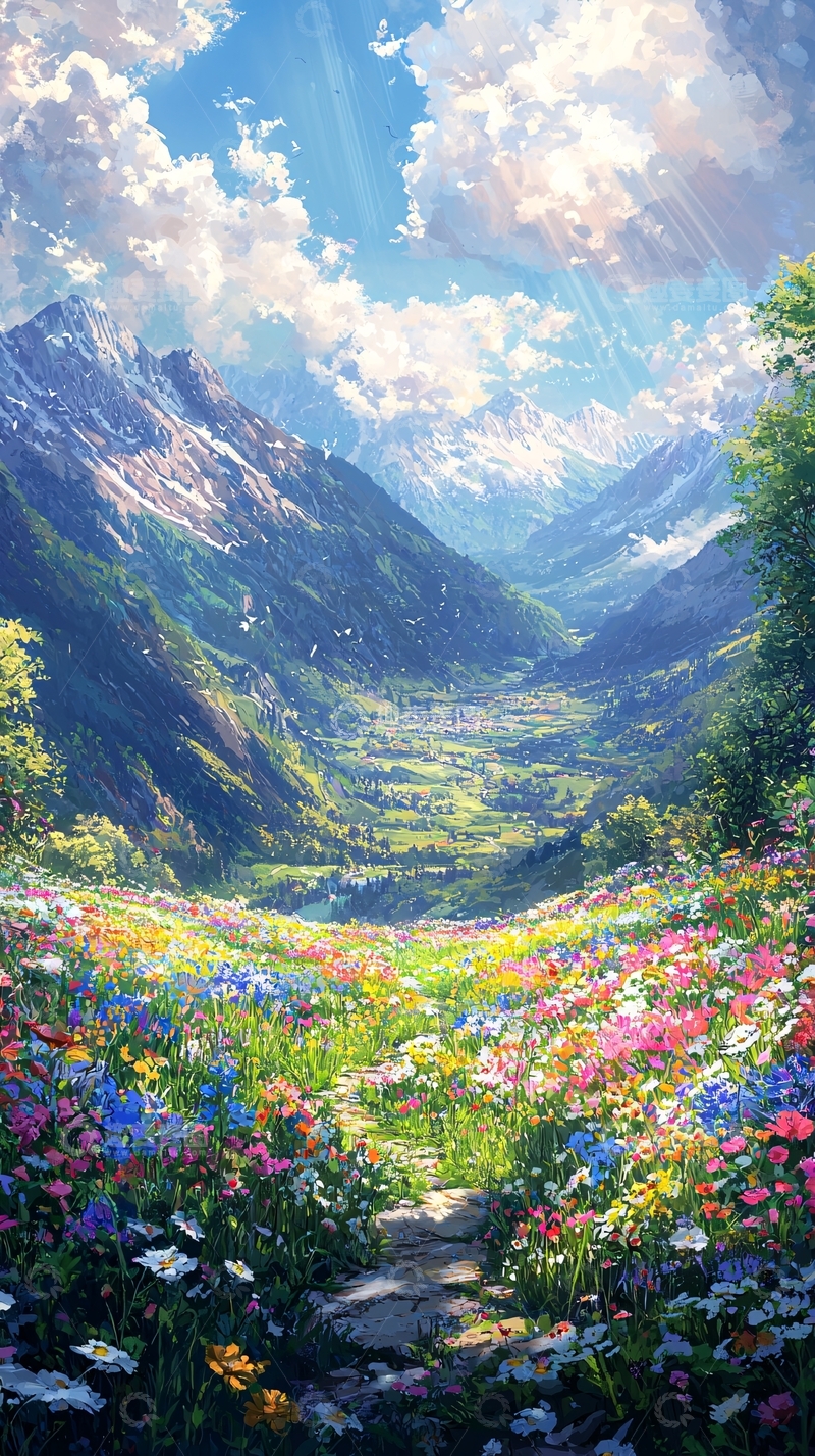 高清大图下载【趣麦麦图】梦幻山谷鲜花盛开