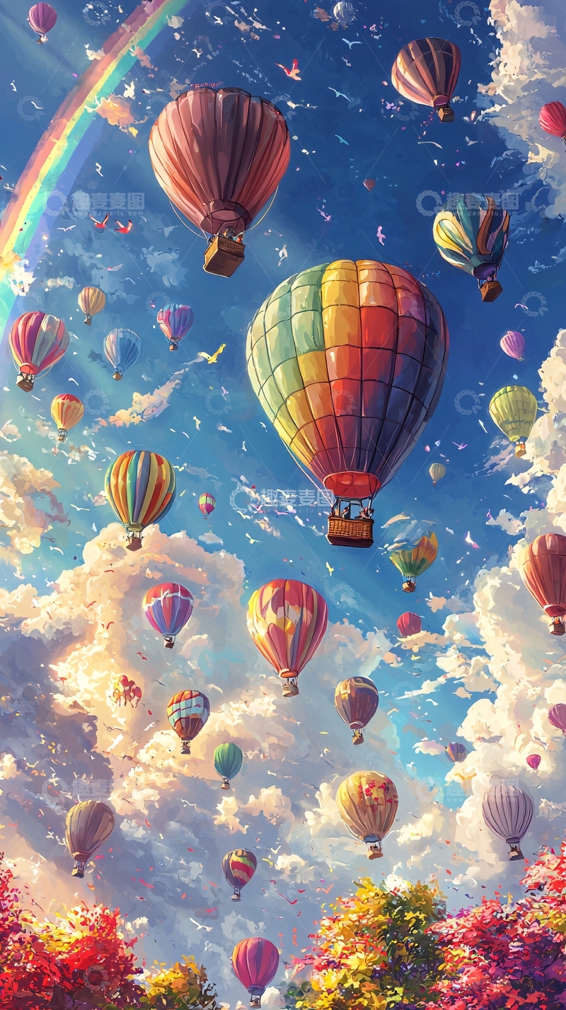 高清大图下载【趣麦麦图】彩虹热气球梦幻天空