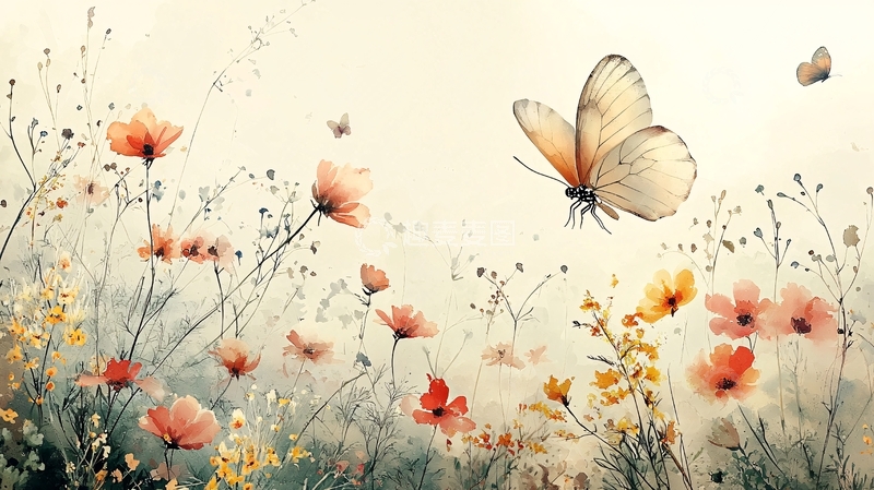 高清大图下载【趣麦麦图】水彩花田蝴蝶