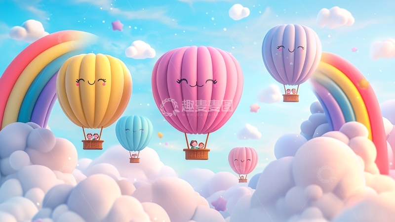 高清大图下载【趣麦麦图】彩色热气球彩虹云朵