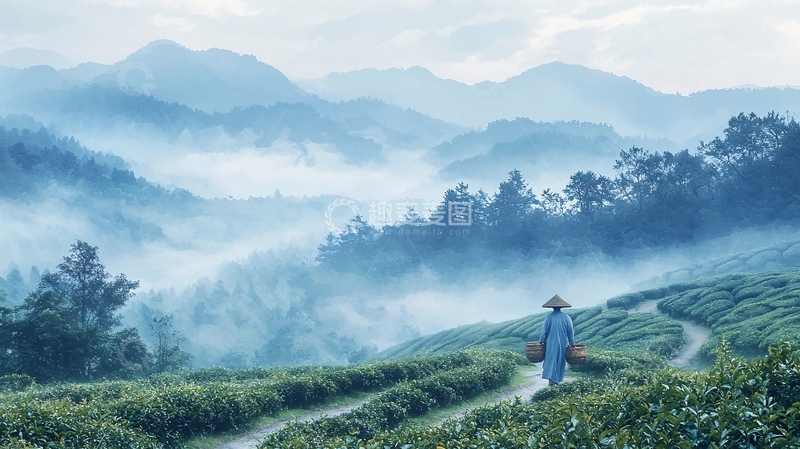 高清大图下载【趣麦麦图】雾气弥漫的山间茶园