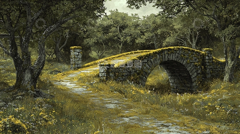 高清大图下载【趣麦麦图】古老石桥田园景色