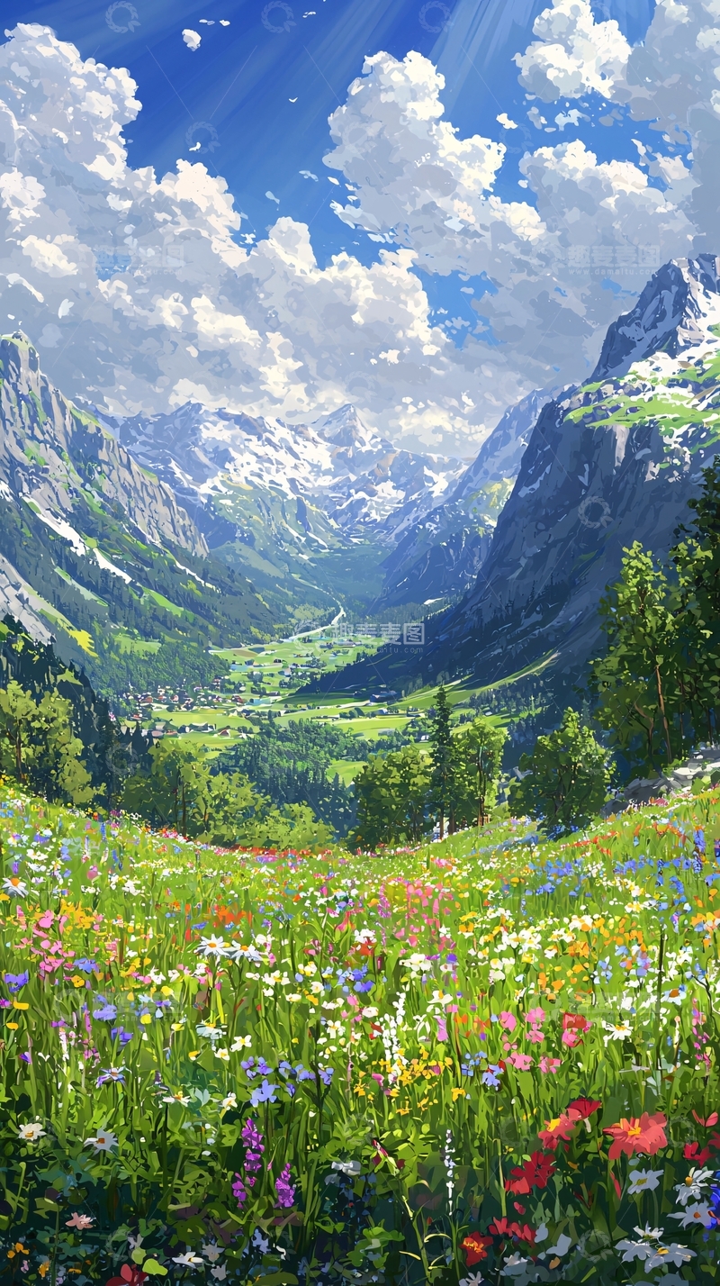 高清大图下载【趣麦麦图】阳光明媚的阿尔卑斯山谷