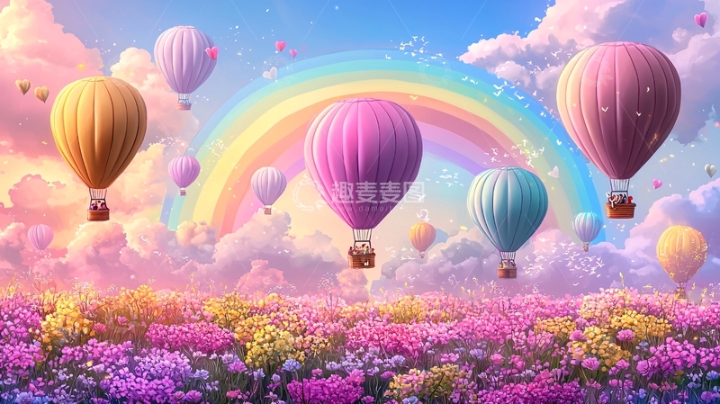 高清大图下载【趣麦麦图】彩虹热气球梦幻田园