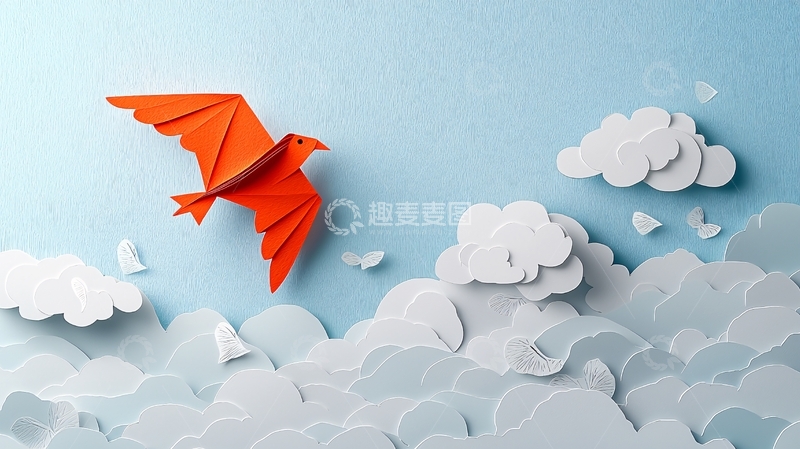 高清大图下载【趣麦麦图】橙色纸鹤飞翔