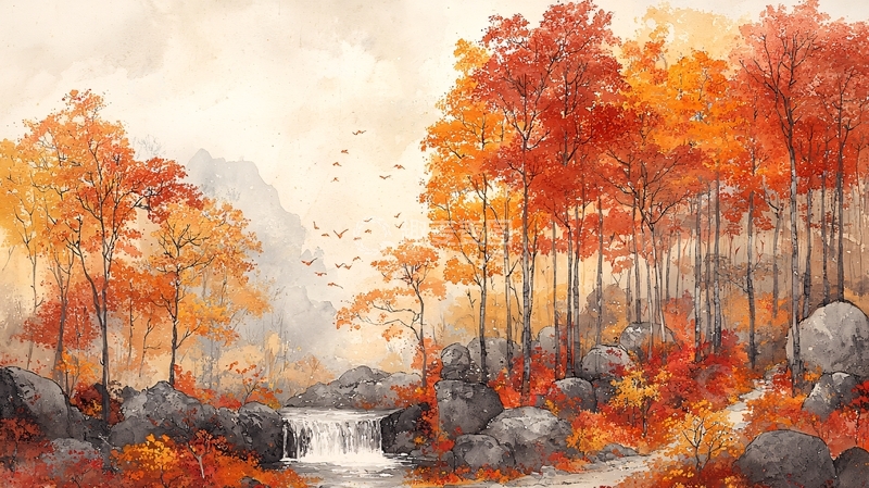 高清大图下载【趣麦麦图】秋日森林水彩画13