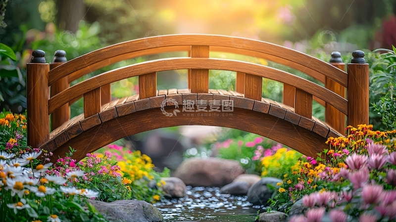 高清大图下载【趣麦麦图】木质拱桥花园景色